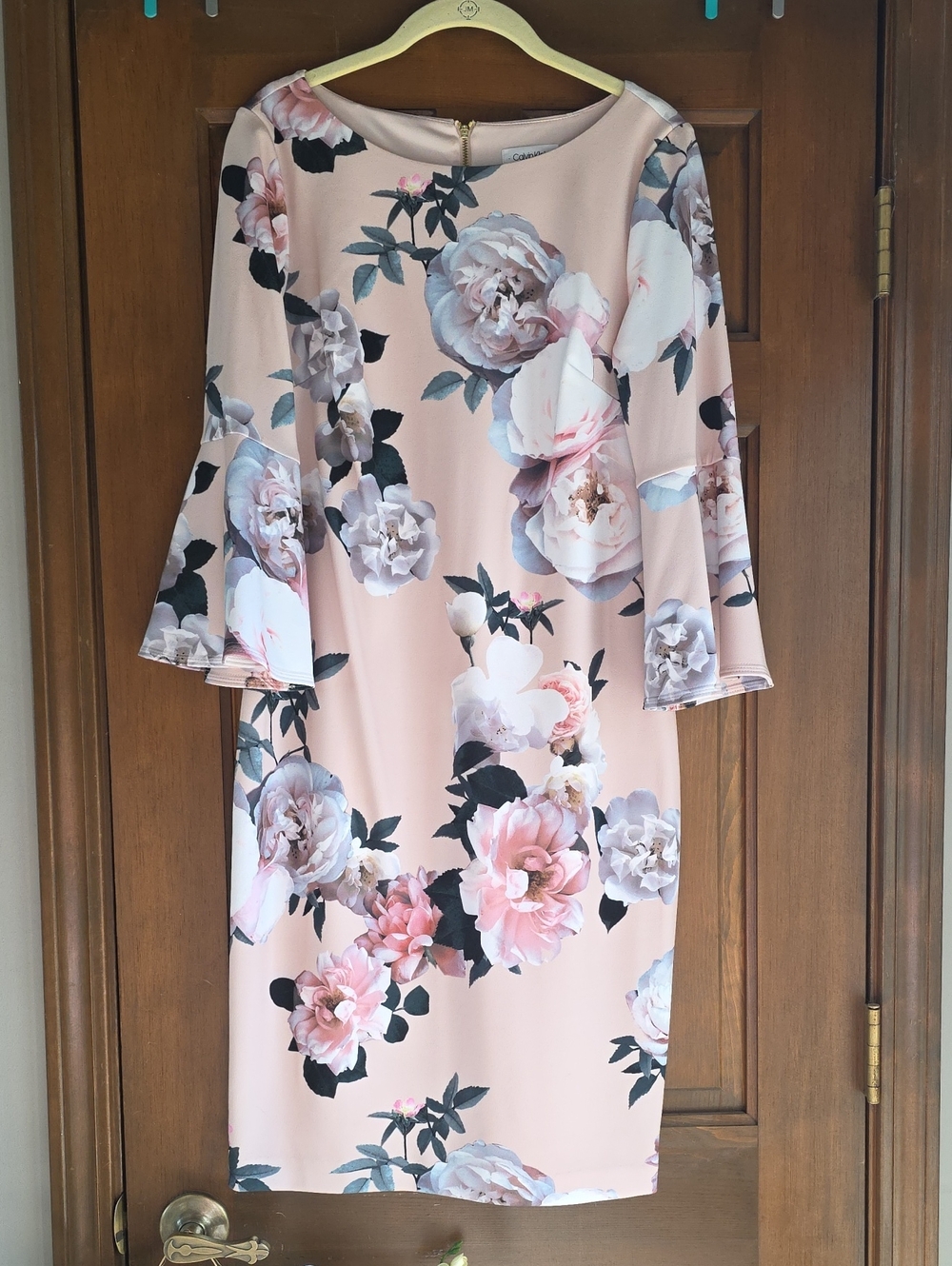 Calvin Klein Blush Pink Floral Midi Dress with Bell Sleeves S 10